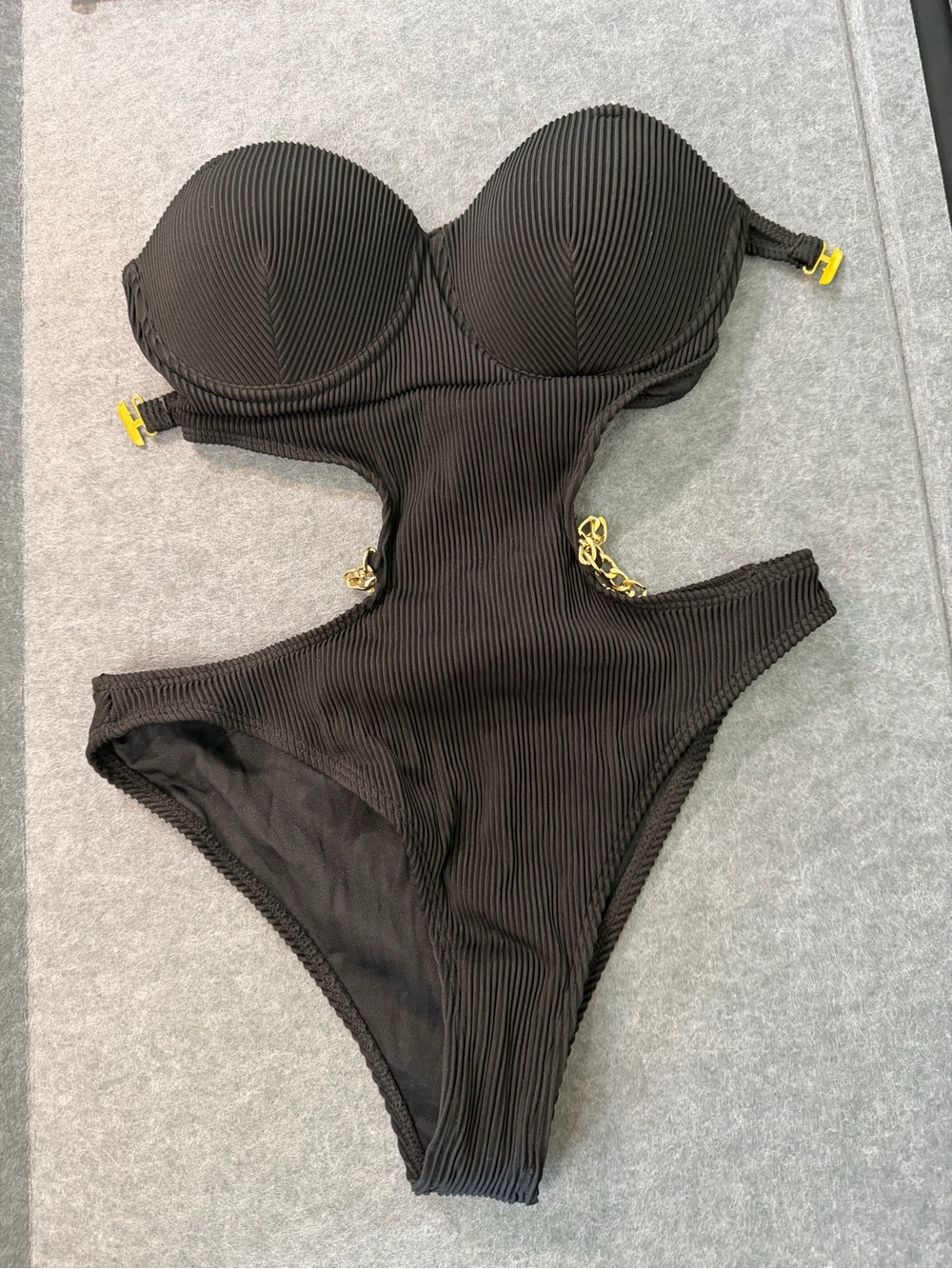 Black Cut Out Monkini Bathing Suit with gold chain accent size Med (4-6) NEW - Picture 2 of 5